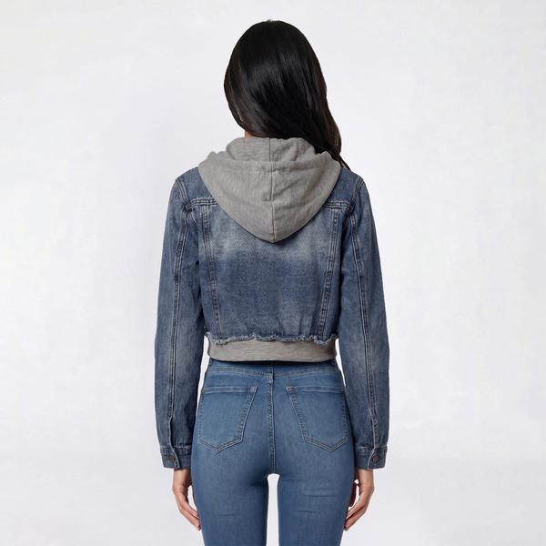 Juniors Love Tree Cropped Layer Denim Jacket with Fleece Hood alternate view